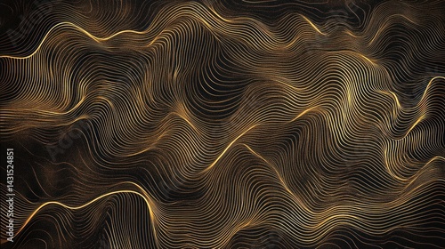 Abstract gold lines wave pattern on dark background.