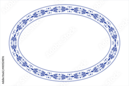 Blue oval plate with floral design. Oval floral european pattern frame arabesque. Vintage, ethnic frame with greek pattern. Pattern frame for oval surface, textile, embroidery, ceramic, porcelain