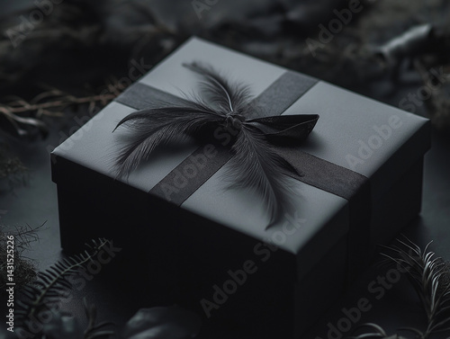 Elegant black gift box tied with satin ribbon and feather on dark moody background. Minimalist luxury style with soft focus, perfect for fashion, branding, or seasonal campaigns.