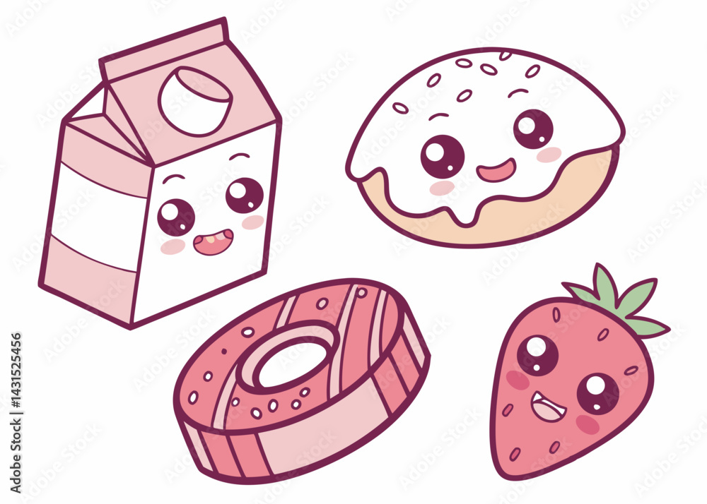 Adorable Kawaii Food Illustrations Milk Carton, Donut, Strawberry, and Ring Cake Adorable Kawaii Food Illustrations Milk Carton, Donut, Strawberry, and Ring Cake