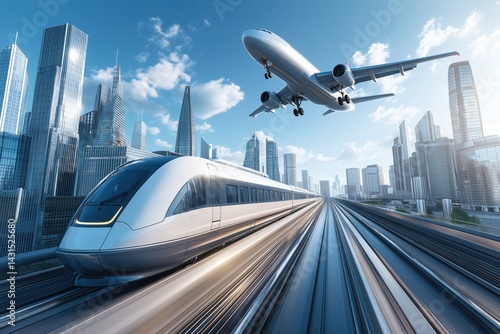 High-Speed Train and Airplane Over Modern Cityscape