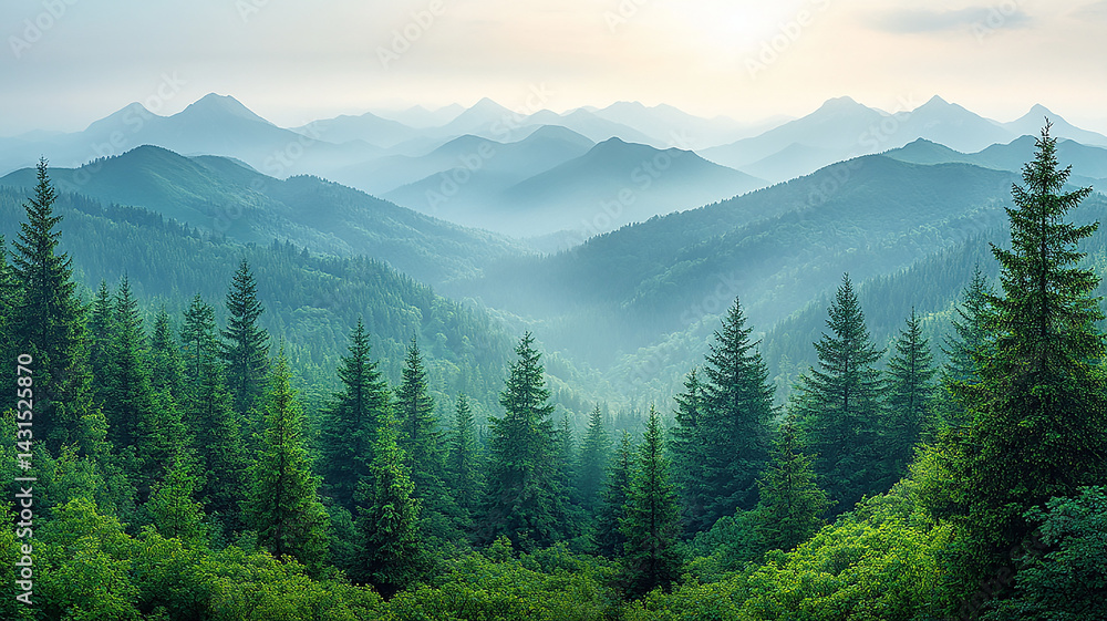 Fototapeta premium Misty Mountain Range Layers with Evergreen Fir Trees Scenery in Morning Light