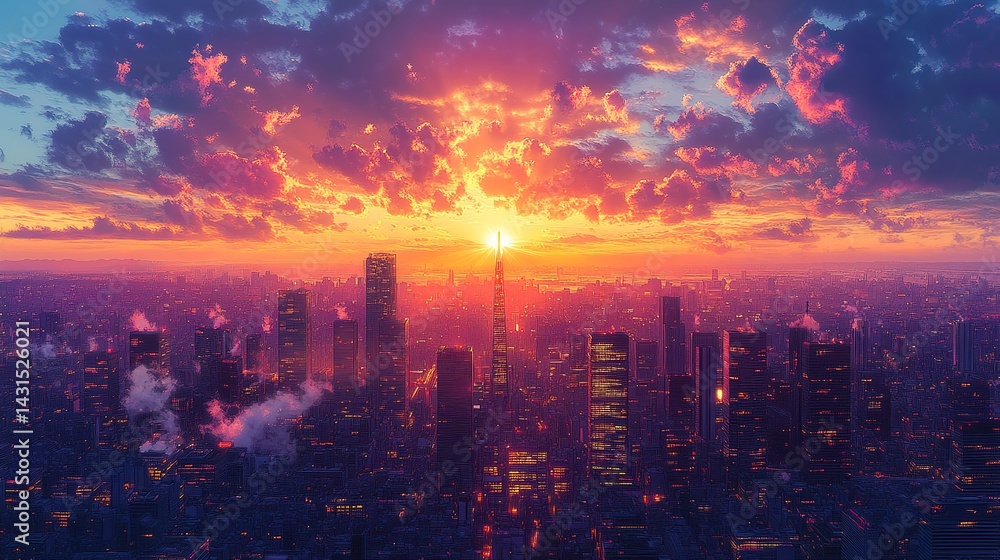 Vibrant Sunset Over Illuminated Cityscape Vibrant Sunset Over Illuminated Cityscape