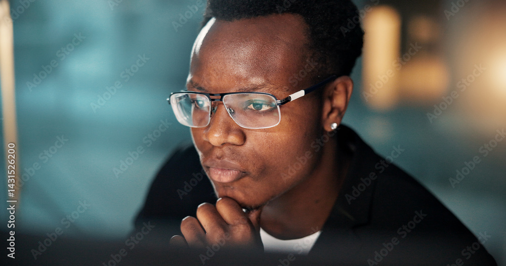 Night, thinking or businessman reading with laptop, tech or news for research or funding solution. Problem solving, auditor or African financial advisor in office for accounting deadline or overtime