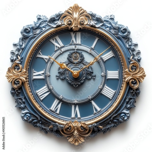 Elegant vintage wall clock with ornate details and Roman numerals on a blue background.