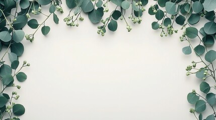 Soft off-white background adorned with vibrant floral eucalyptus branches, creating a serene and natural botanical border with ample space for text overlaying.