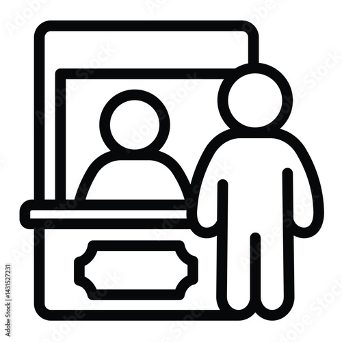 Man with tickets cashier box line icon, city museum concept. Vector graphics. Human buying ticket sign on white background, style for mobile or design.