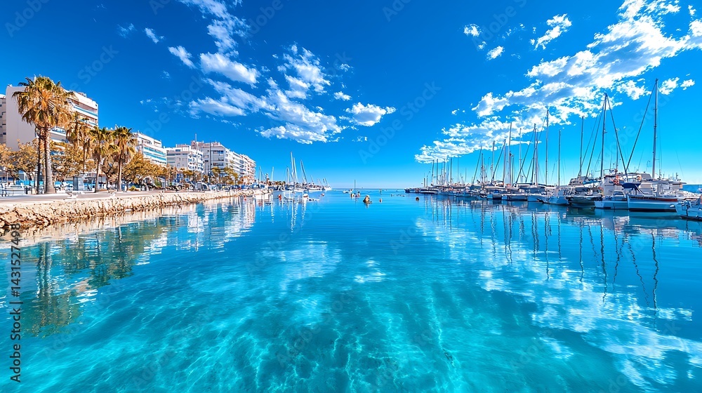 Obraz premium A tranquil marina scene shows sailing boats near a waterfront
