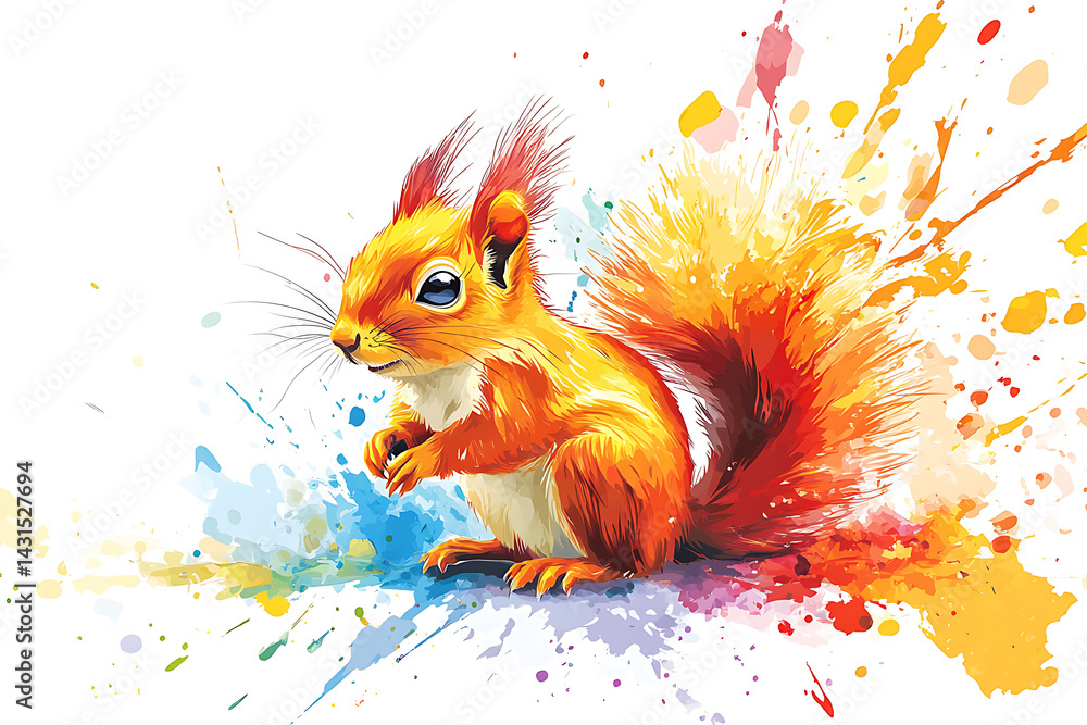 Obraz premium Colorful illustration of a squirrel amidst vibrant splashes of paint, showcasing wildlife art