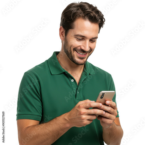 Smiling man using cellphone on transparent background