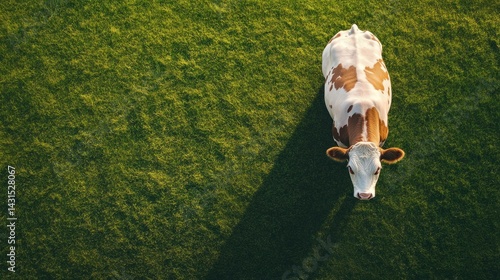 Aerial view of a cow resting in a green pasture.