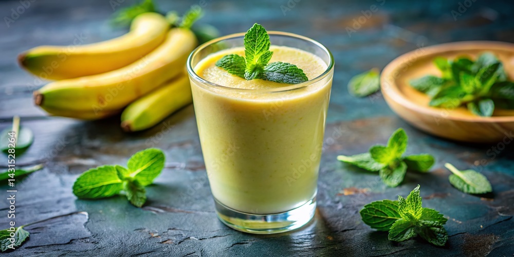Fototapeta premium Delicious Banana Mint Smoothie Breakfast - Low Light Photography Stock Photo