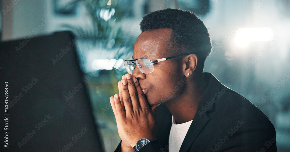Night, black man and thinking with computer, ideas and editing for agency and online solution. Person, evening and consultant with technology, problem solving or planning with internet or project