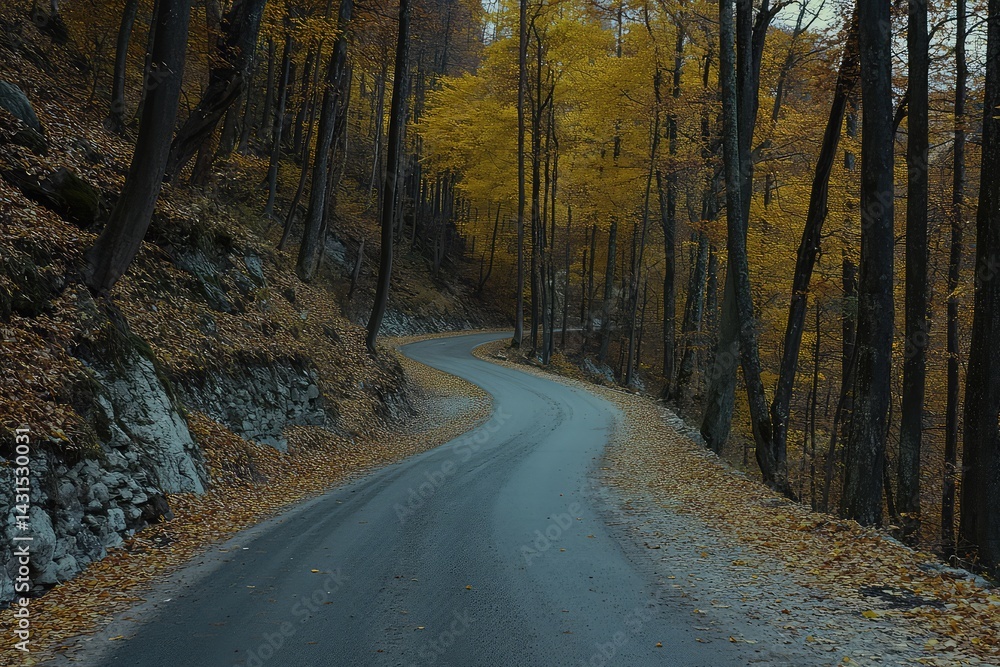 A winding road through a forest with golden leaves on the trees A winding road through a forest with golden leaves on the trees