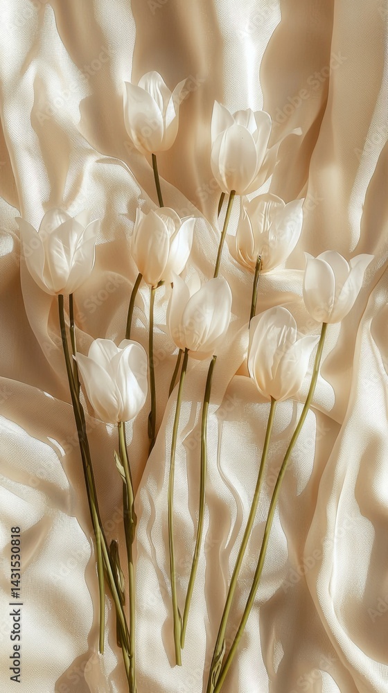 Soft floral silhouettes create a beautiful, subtle shadow pattern on a luxurious silk backdrop showcasing delicate tulips with their elegant and graceful forms.