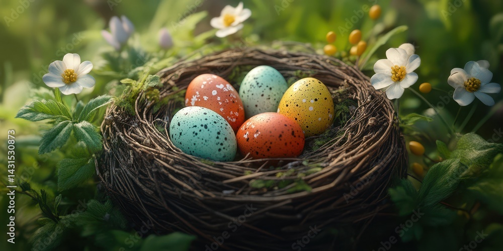 Colorful Easter eggs nestled in a nest surrounded by flowers in a vibrant spring garden Colorful Easter eggs nestled in a nest surrounded by flowers in a vibrant spring garden