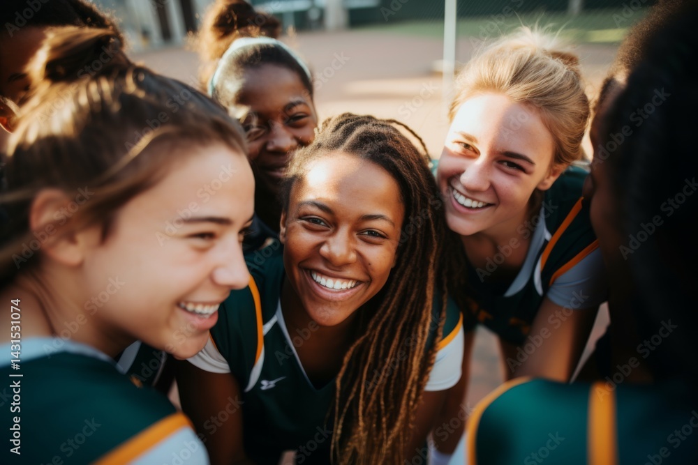 Fototapeta premium Portrait of a young female basketball players smiling and posing for a team photo on the basketball court