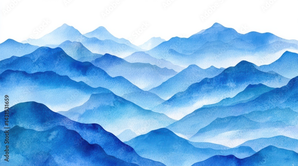 Soft watercolor mountain silhouettes cascade across the horizon, creating a serene and picturesque landscape with beautiful gradient blue shades and misty textures.