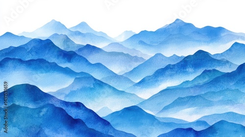 Obraz na płótnie Soft watercolor mountain silhouettes cascade across the horizon, creating a serene and picturesque landscape with beautiful gradient blue shades and misty textures. w salonie