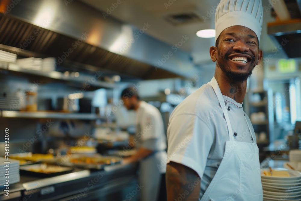 Portrait of smiling American chef in restaurant kitchen Portrait of smiling American chef in restaurant kitchen