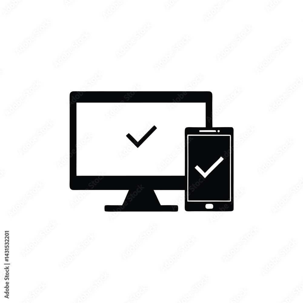 Solid black silhouette of a desktop computer monitor and a smartphone vector Art & Illustration Solid black silhouette of a desktop computer monitor and a smartphone vector Art & Illustration