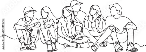 Minimalist vector sketch in continuous line art style of young people sitting together talking on ground drawn in black linear strokes with white background