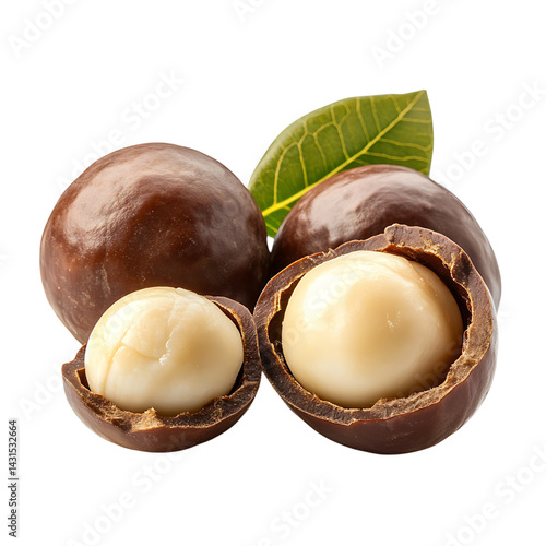 Obraz na płótnie Whole and cracked macadamia nuts with creamy white interiors and brown hard shells arranged in a group and displayed on a transparent background with detail w salonie