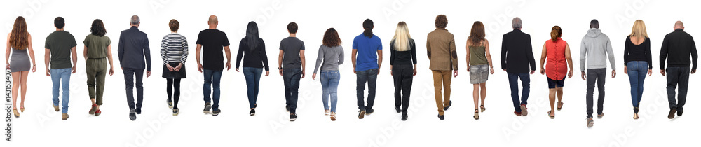 large group of rear view of people walking on white background large group of rear view of people walking on white background