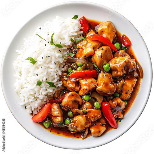 Fototapeta Naklejka Na Ścianę i Meble -  Delicious and healthy Thai cuisine featuring stir-fried chicken with fresh green vegetables on a white plate isolated on transparent background