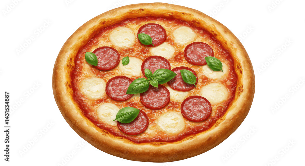 Mouthwatering pepperoni pizza with basil, mozzarella, and a golden crust. Appetizing! Mouthwatering pepperoni pizza with basil, mozzarella, and a golden crust. Appetizing!