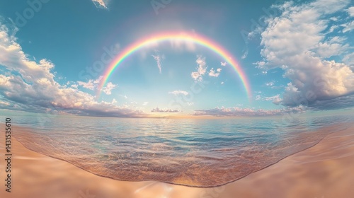 Serene beach scene with rainbow.  A picturesque beach with a vibrant rainbow arching across a serene sky.  Soft pastel colors create a peaceful and idyllic atmosphere