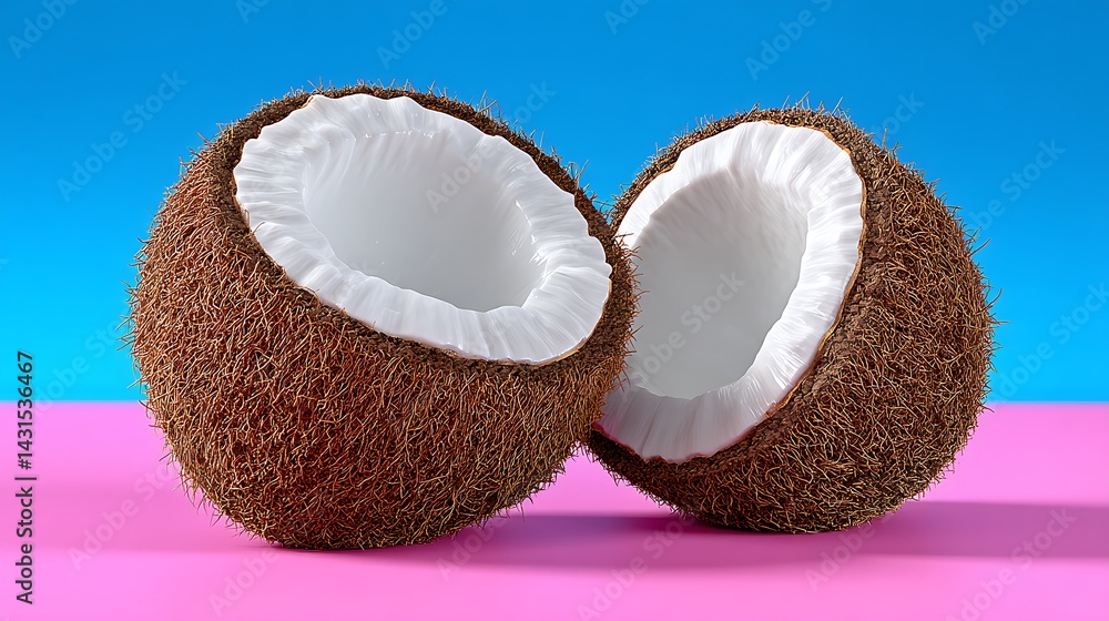 Two halves of a coconut, one with the shell on and the other with the shell off, against a blue and pink backdrop Two halves of a coconut, one with the shell on and the other with the shell off, against a blue and pink backdrop