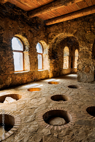 Wallpaper Mural Traditional Georgian wine cellar with sunlit arched windows and underground clay vessels (qvevri) embedded in the stone floor. Historic winemaking architecture in the Kakheti region Torontodigital.ca