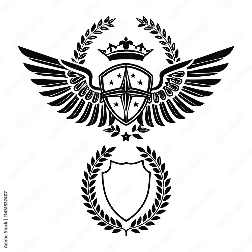 Obraz premium Laurel wreath, shield, wing, ribbon, and banners vector set. Laurel wreaths, shields, wings, ribbons illustration for awards, heraldry, logos, badges, and branding designs .