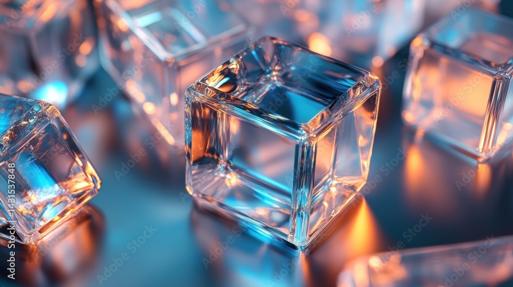Transparent cubic ice cubes in vibrant light Transparent cubic ice cubes in vibrant light