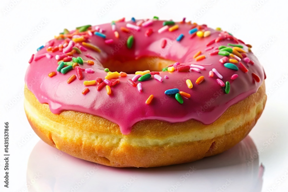 Delicious Pink Glazed Donut with Colorful Sprinkles, Side View, Isolated Delicious Pink Glazed Donut with Colorful Sprinkles, Side View, Isolated