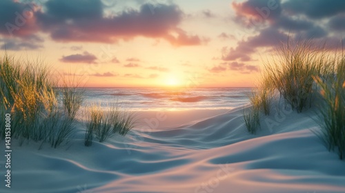 Tranquil beach sunset scene.  Soft golden light touches the shore, ocean waves gently lap the sand, and grasses line the dunes