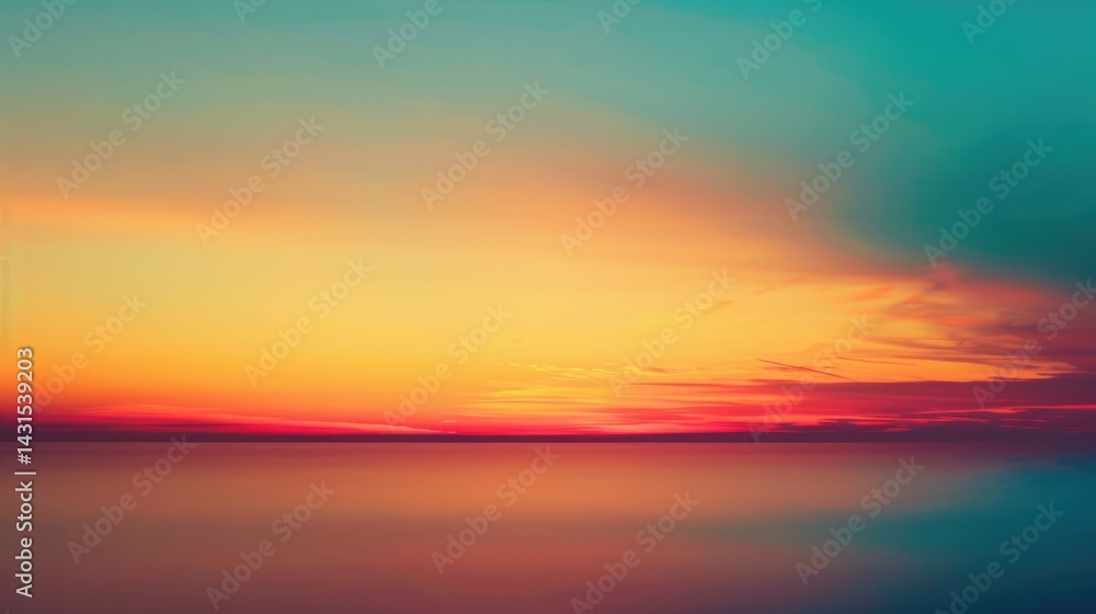 Obraz premium Vibrant sunset sky over calm ocean water. Abstract gradient landscape of blue, red , yellow and purple sky scape in sunset. Sunset scene with peaceful and tranquil atmosphere. Seascape. AIG51.