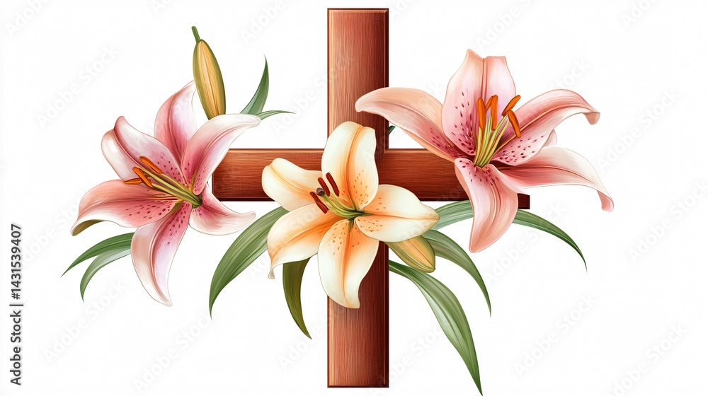 Naklejka premium Cross with Lilies on White Background - Religious Symbolism for Spiritual Designs