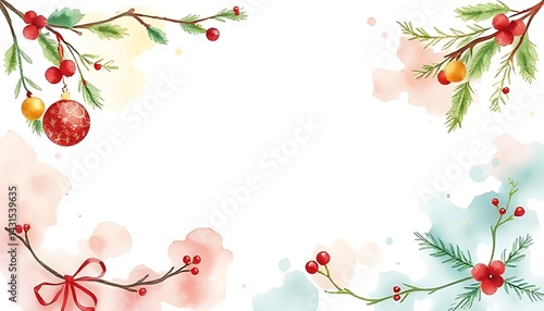 Wallpaper Mural Festive Christmas decorations with branches, berries, and ornaments on a watercolor background.  The festive scene with the ornaments and branches that evoke warmth and holiday cheer.  Torontodigital.ca
