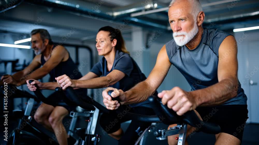 Focused older man doing active workout on gym exercise bike. Focused older man doing active workout on gym exercise bike.
