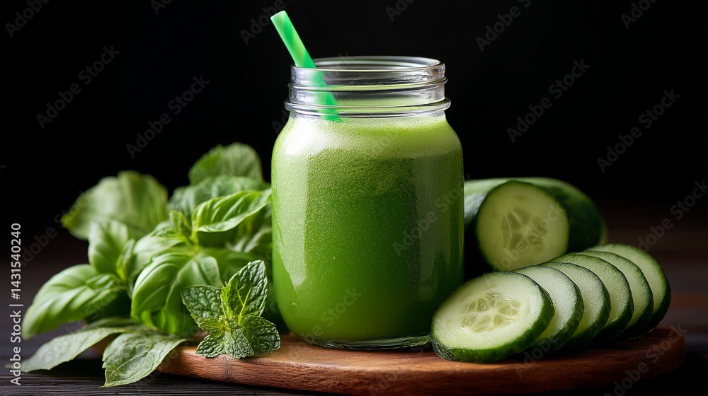 Refreshing green smoothie with cucumber and basil leaves in a glass jar healthy eating concept Refreshing green smoothie with cucumber and basil leaves in a glass jar healthy eating concept