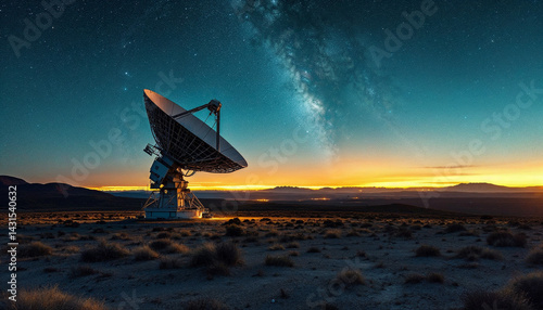 Stunning view of a satellite dish under a starry sky at dawn in a remote desert location