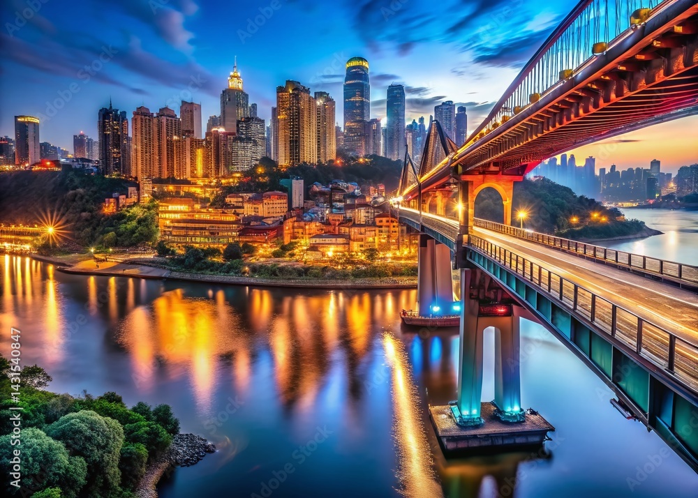Obraz premium Chongqing Hongyadong Bridge Night Lightscape - Panoramic Cityscape View