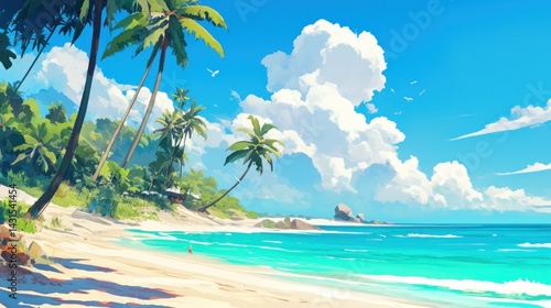 Tropical beach paradise, vibrant colors, lush landscape