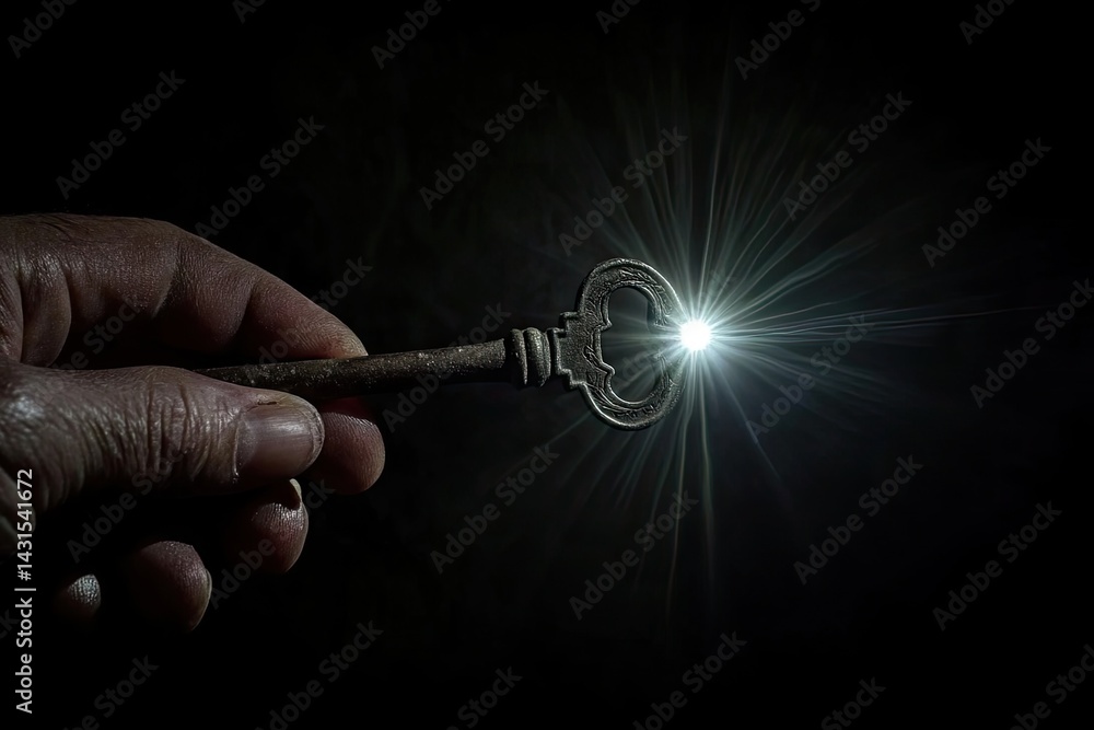 Fototapeta premium Hand holding an old, rusty key with a bright light shining from it