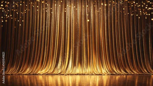 Luxurious gold stage curtain with sparkling lights, perfect for award ceremony or celebratory event background.