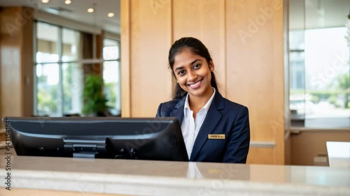Friendly female receptionist smiling behind hotel front desk, welcoming and serving customers.