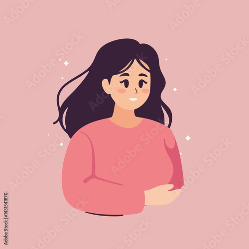 Smiling Woman with Long Hair Wearing Sweater. Vector Image