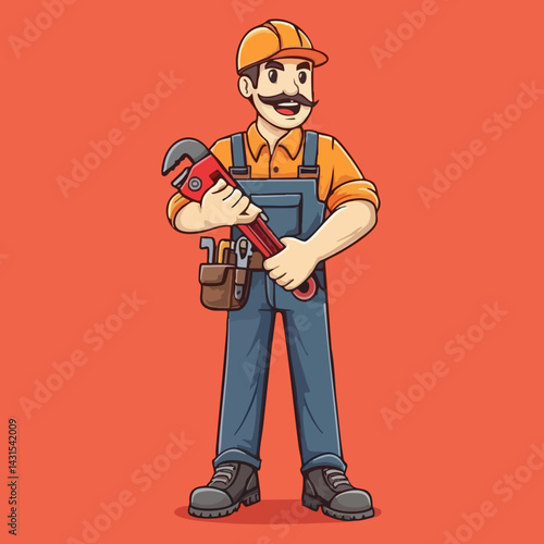 Smiling Handyman Holding Wrench and Tools. Vector Image